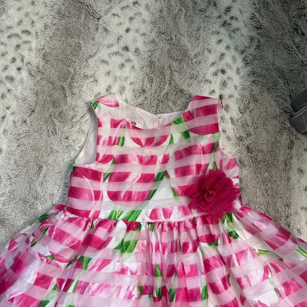 Marmellata pink green floral stripes dress girls size 5 Easter garden party